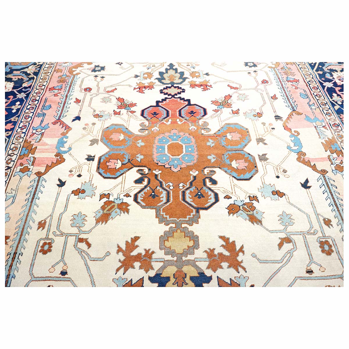 Antique Persian Serapi Wool 9x11 Ivory, Salmon & Navy Handmade Area Rug #1143523