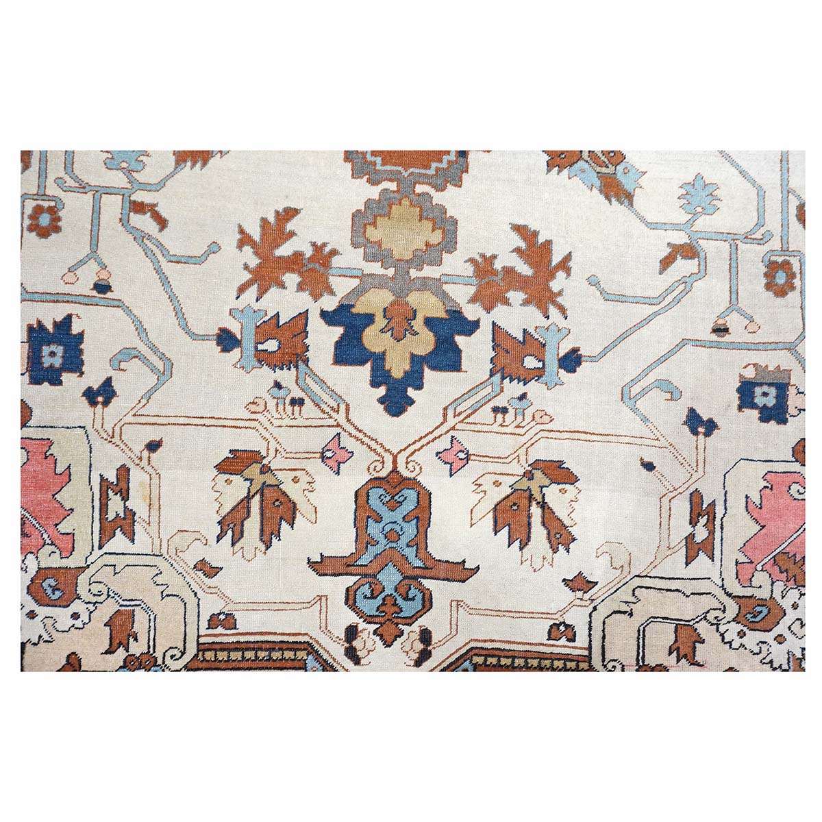 Antique Persian Serapi Wool 9x11 Ivory, Salmon & Navy Handmade Area Rug #1143523