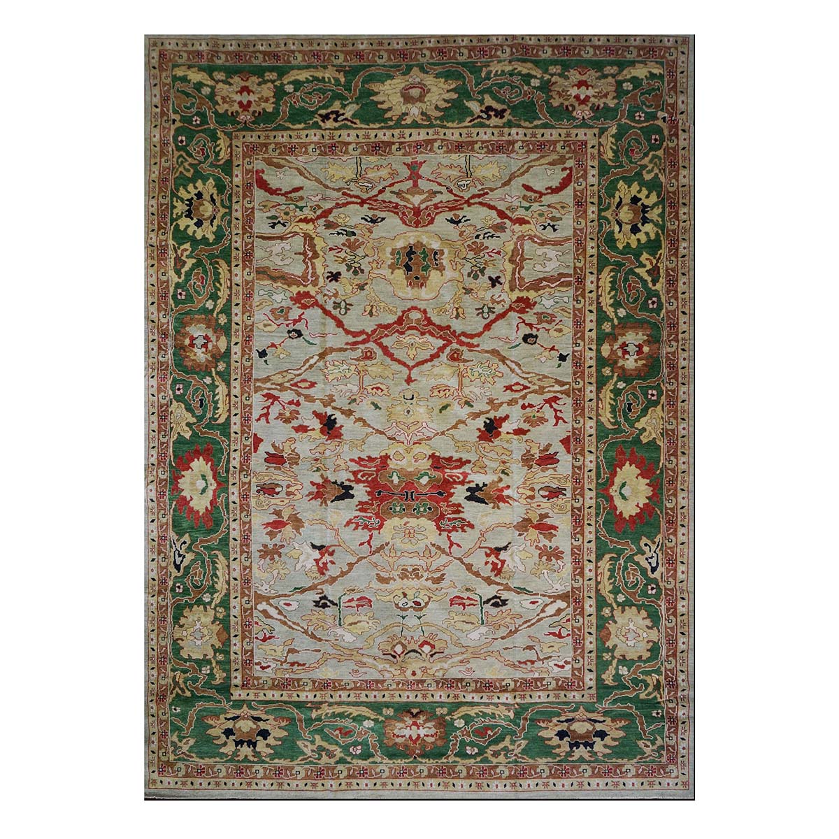 Afghan Sultanabad Wool 10x14 Green, Ivory & Rust Handmade Area Rug #1143550