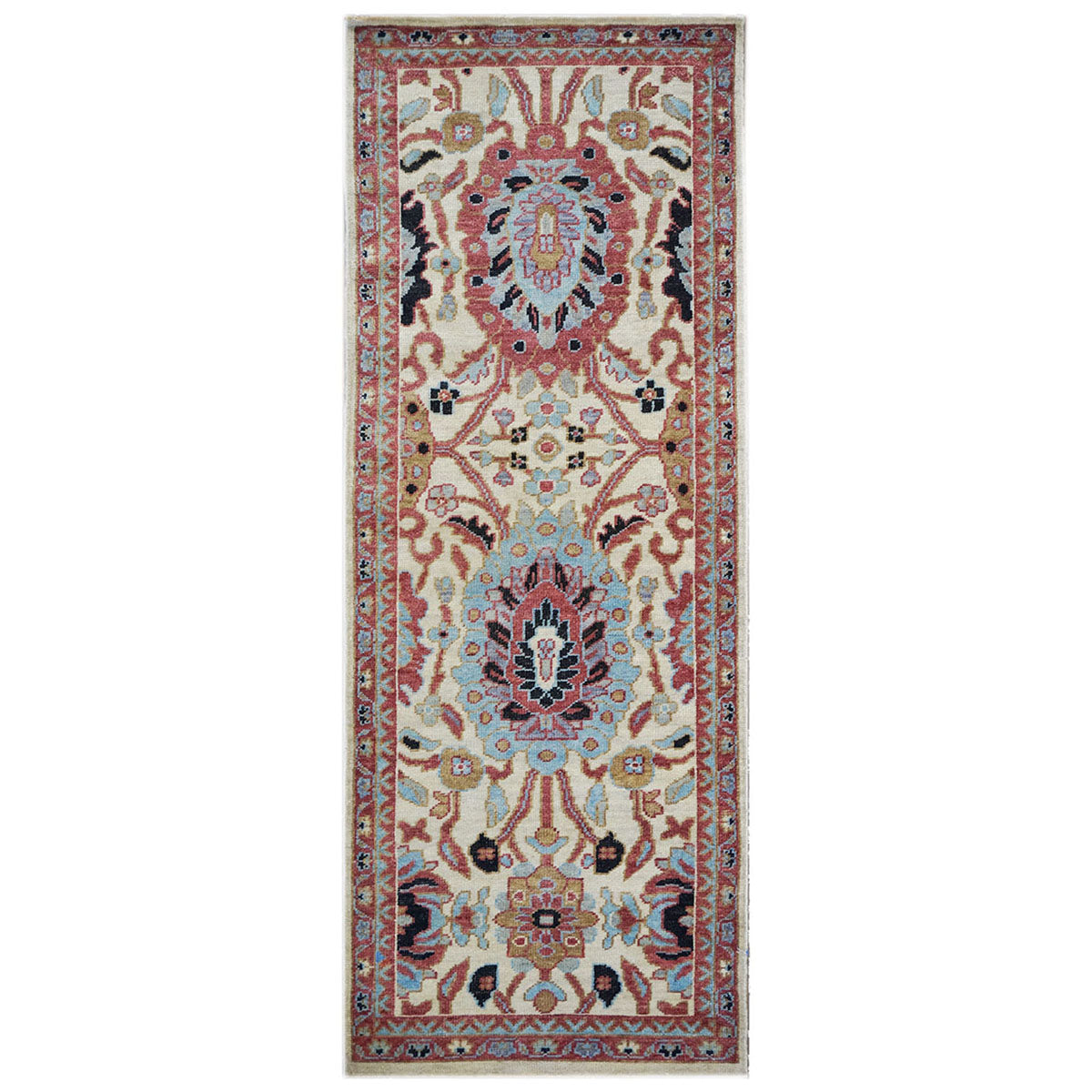 Afghan Sultanabad Wool 3x7 Blue, Ivory & Rust Handmade Runner Rug #1143663