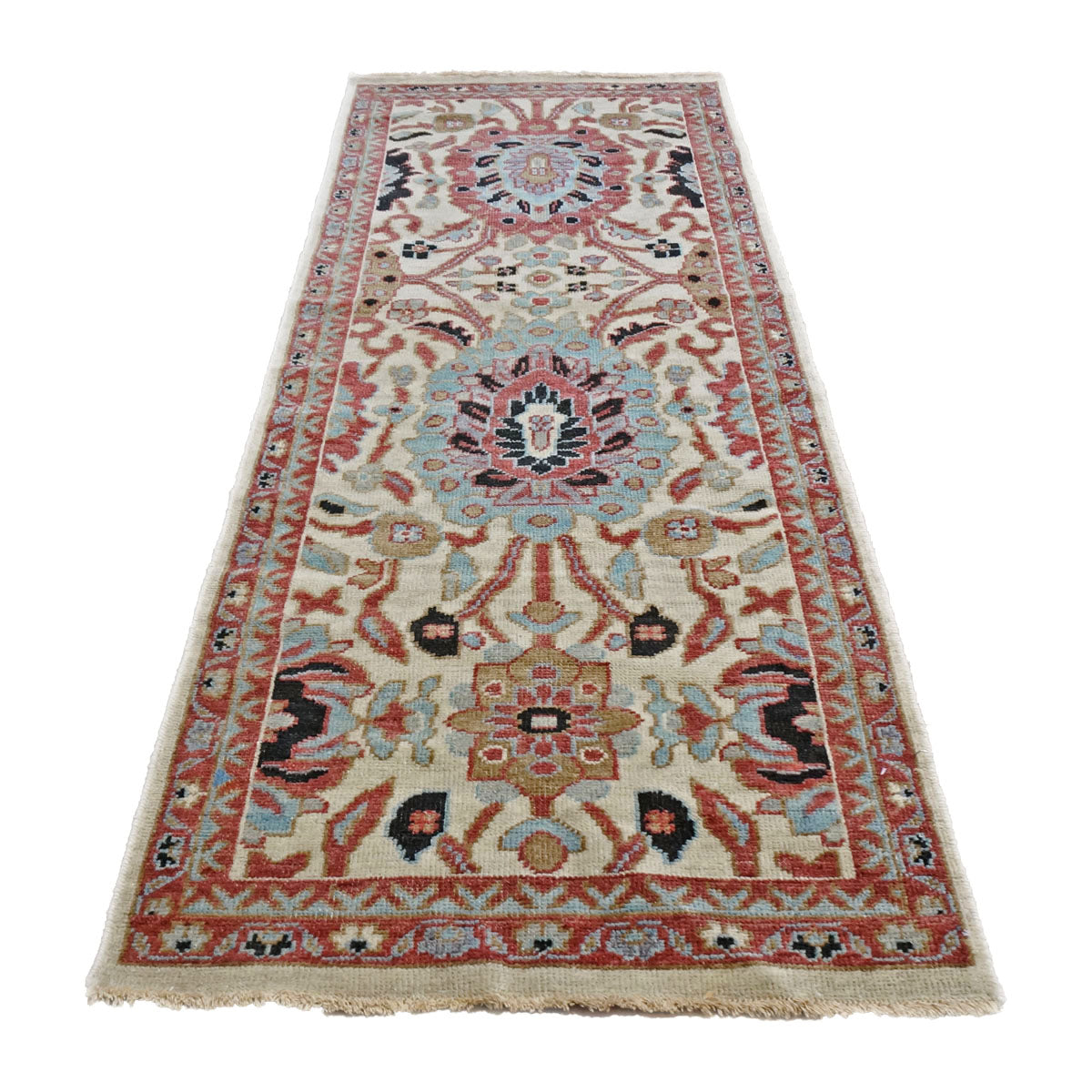 Afghan Sultanabad Wool 3x7 Blue, Ivory & Rust Handmade Runner Rug #1143663