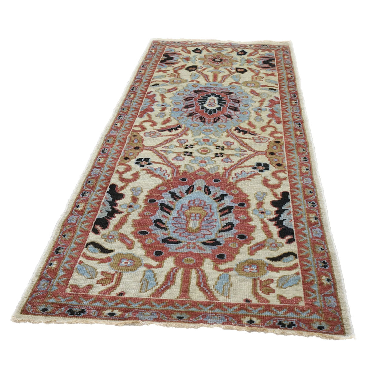 Afghan Sultanabad Wool 3x7 Blue, Ivory & Rust Handmade Runner Rug #1143663