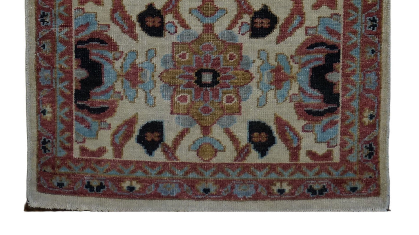 21st Century Afghan Sultanabad Wool 3x7 Ivory, Light Blue & Red Handmade Runner Rug #1143670