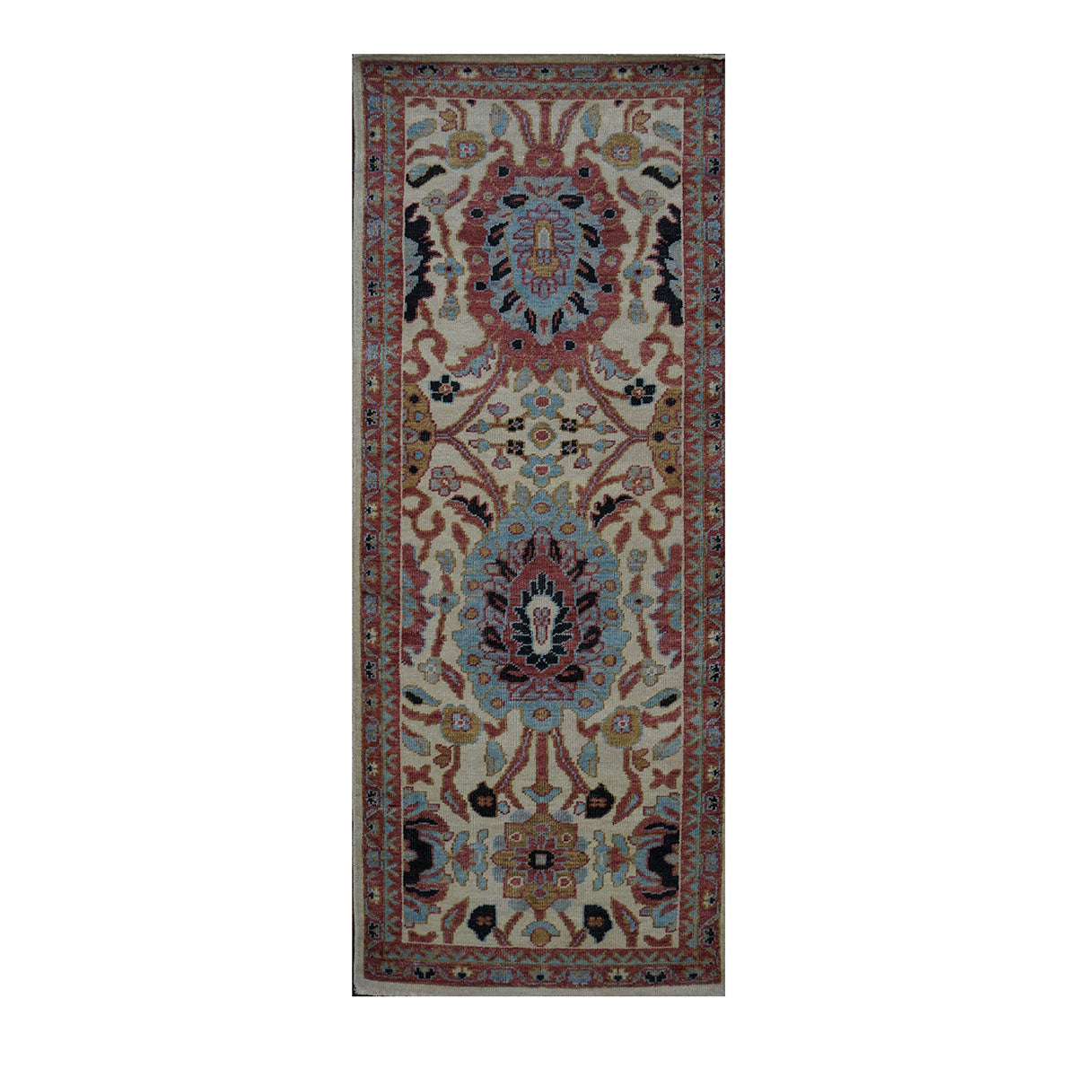 21st Century Afghan Sultanabad Wool 3x7 Ivory, Light Blue & Red Handmade Runner Rug #1143670