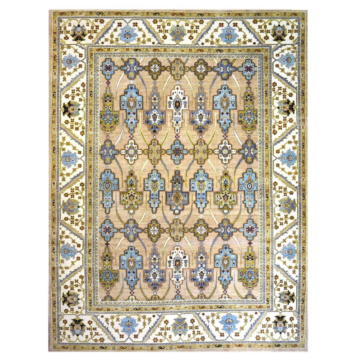 Afghan Sultanabad Wool 9X12 Tan, Green & Blue Handmade Area Rug #1143689