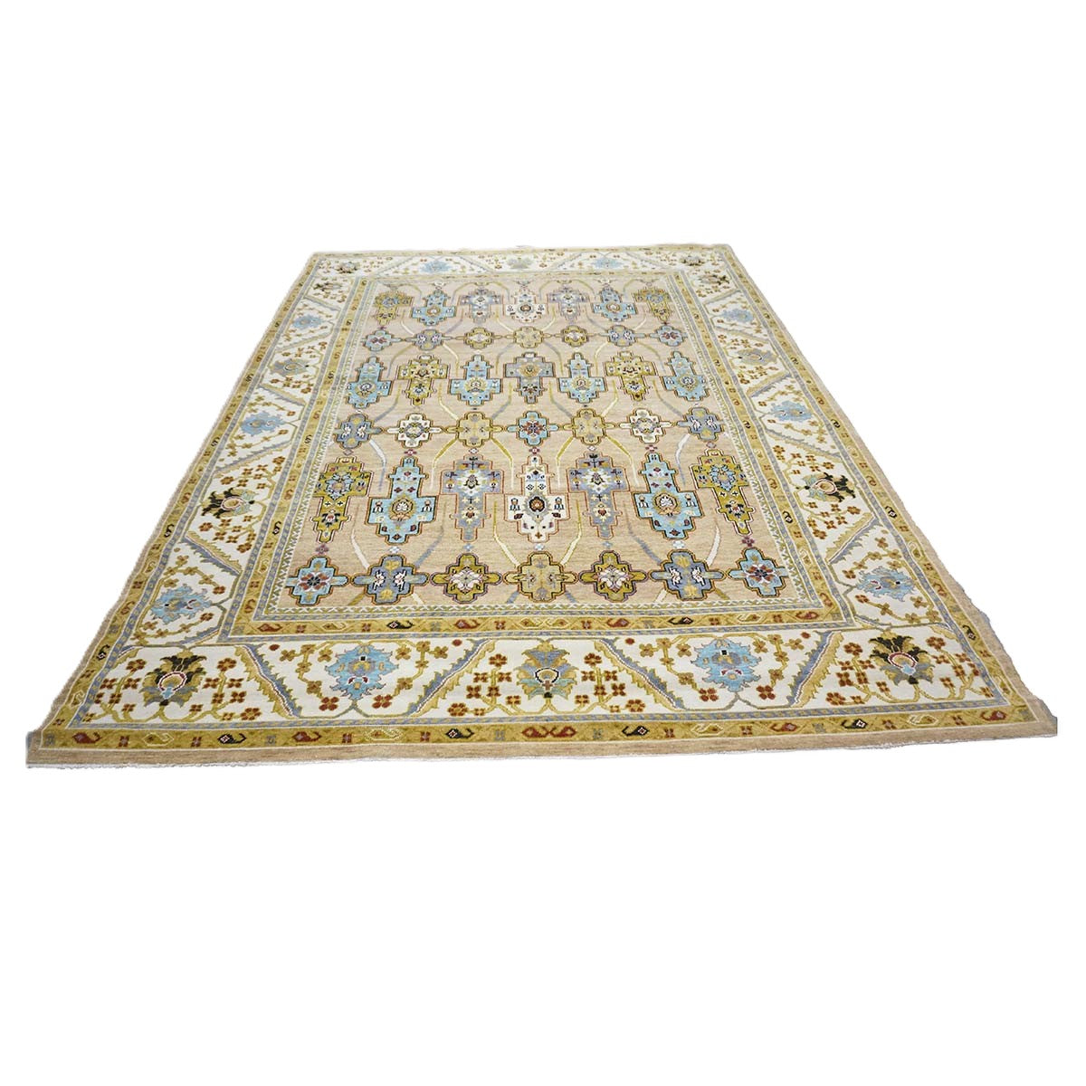 Afghan Sultanabad Wool 9X12 Tan, Green & Blue Handmade Area Rug #1143689