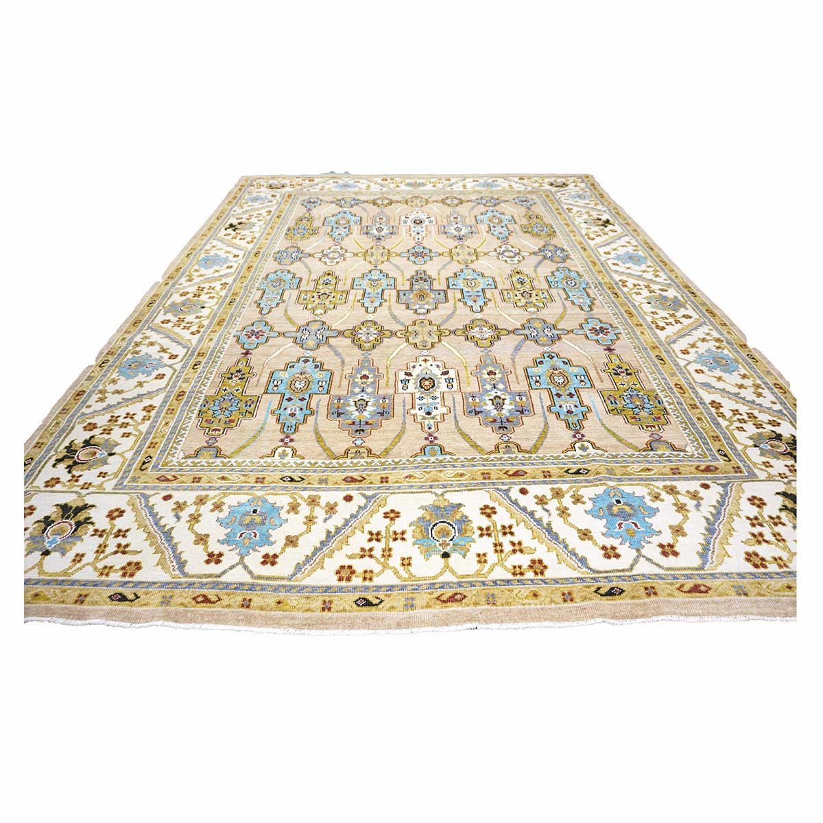 Afghan Sultanabad Wool 9X12 Tan, Green & Blue Handmade Area Rug #1143689