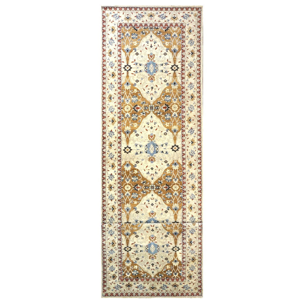 21st Century Afghan Sultanabad Wool 5x18 Tan, Blue & Ivory Handmade Gallery Rug #1143691