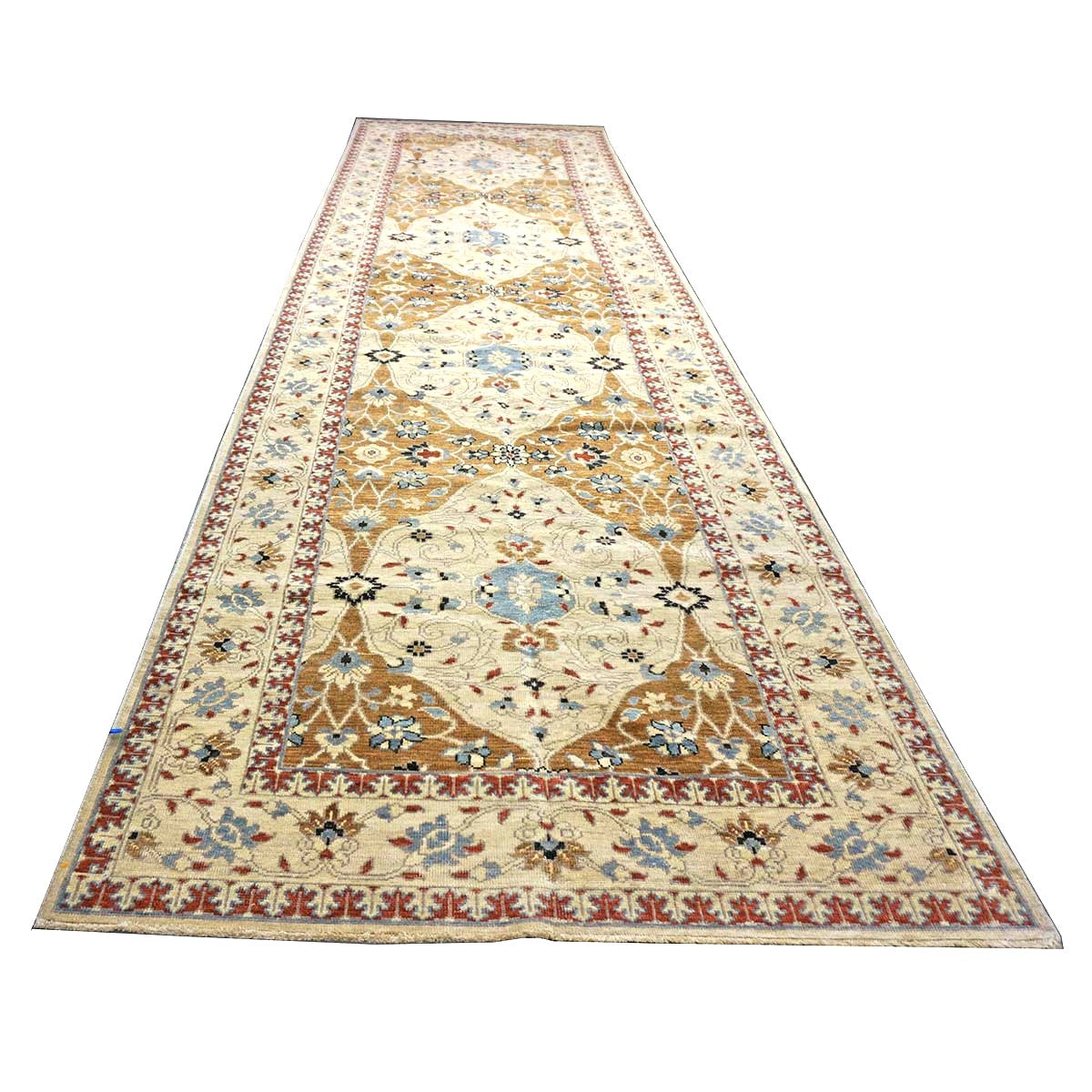 21st Century Afghan Sultanabad Wool 5x18 Tan, Blue & Ivory Handmade Gallery Rug #1143691