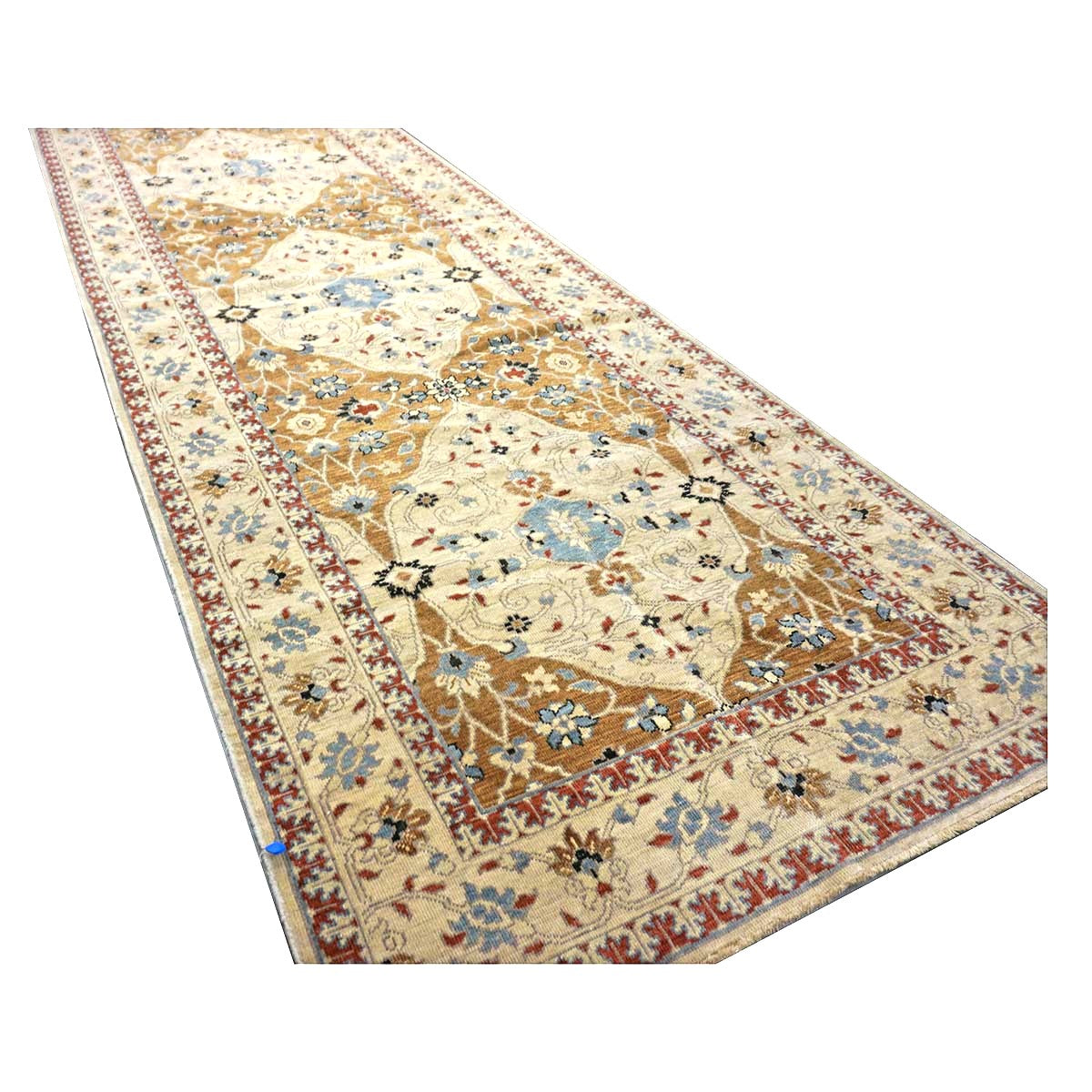 21st Century Afghan Sultanabad Wool 5x18 Tan, Blue & Ivory Handmade Gallery Rug #1143691