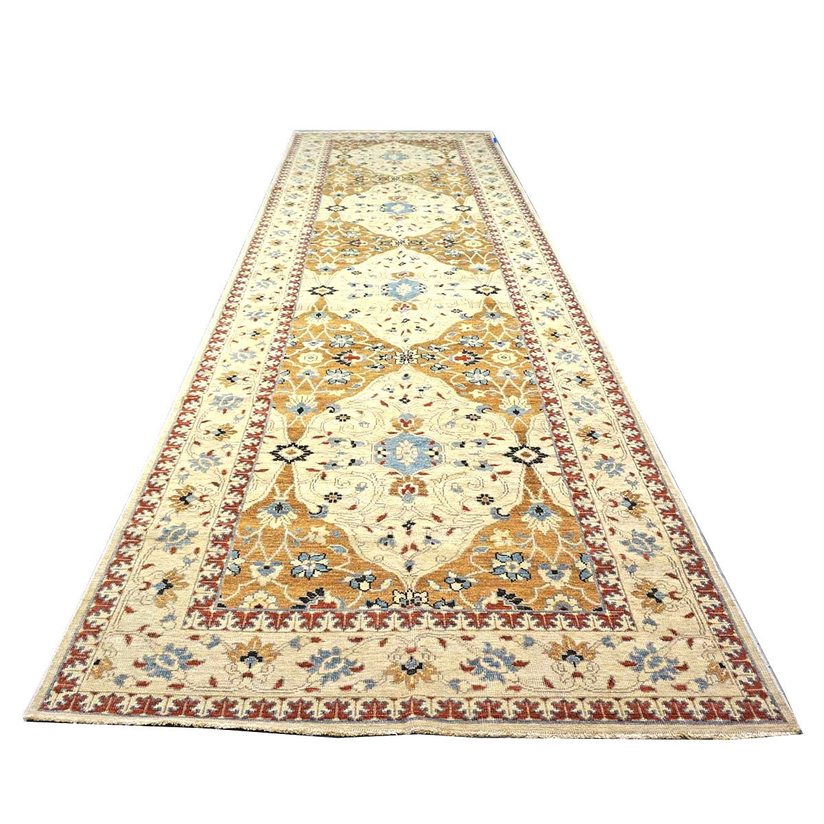 21st Century Afghan Sultanabad Wool 5x18 Tan, Blue & Ivory Handmade Gallery Rug #1143691