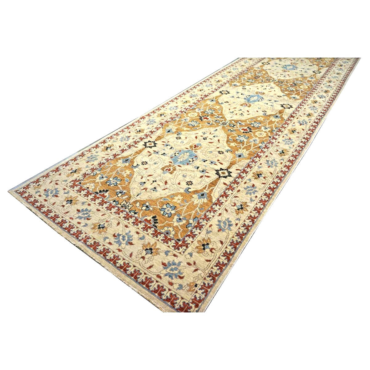 21st Century Afghan Sultanabad Wool 5x18 Tan, Blue & Ivory Handmade Gallery Rug #1143691