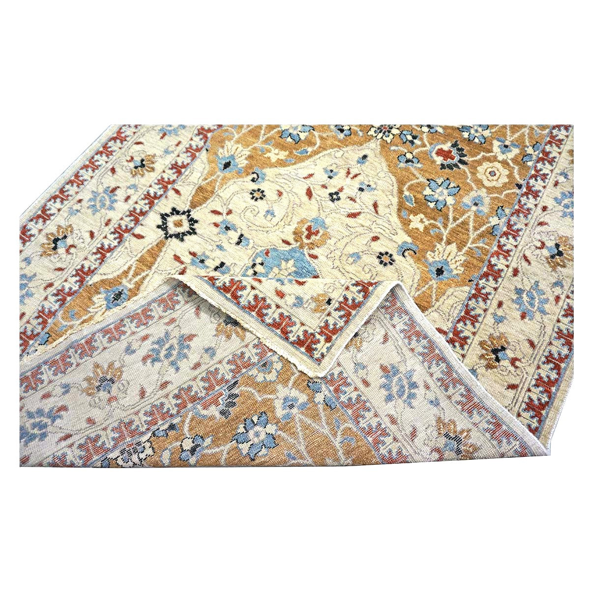 21st Century Afghan Sultanabad Wool 5x18 Tan, Blue & Ivory Handmade Gallery Rug #1143691
