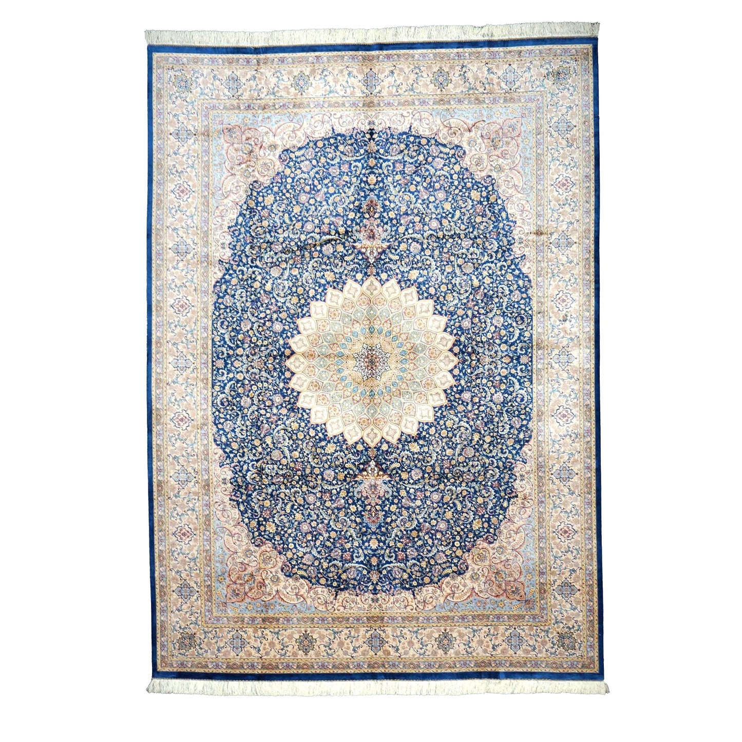 Persian Silky Qum 8x11 Ivory, Blue & Red Machine Made Area Rug #1143820