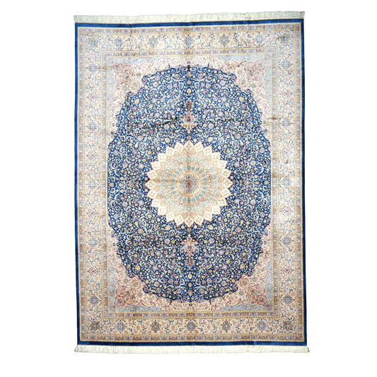 Persian Silky Qum 8x11 Ivory, Blue & Red Machine Made Area Rug #1143820