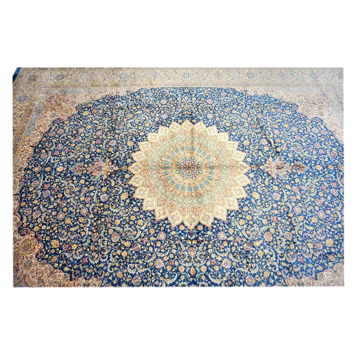 Persian Silky Qum 8x11 Ivory, Blue & Red Machine Made Area Rug #1143820