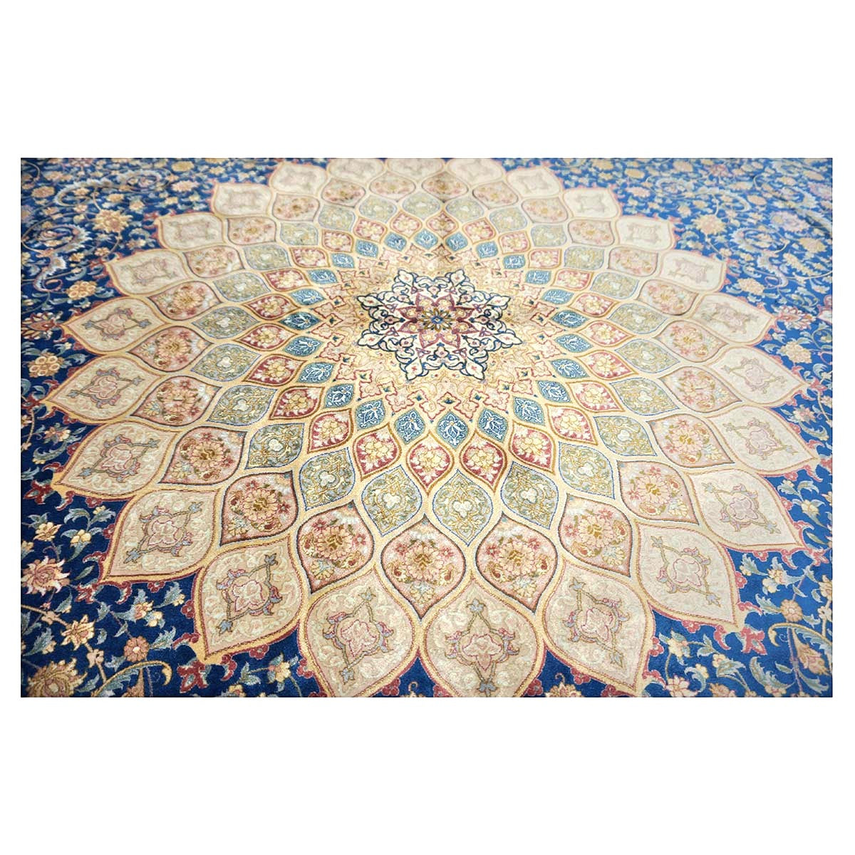 Persian Silky Qum 8x11 Ivory, Blue & Red Machine Made Area Rug #1143820