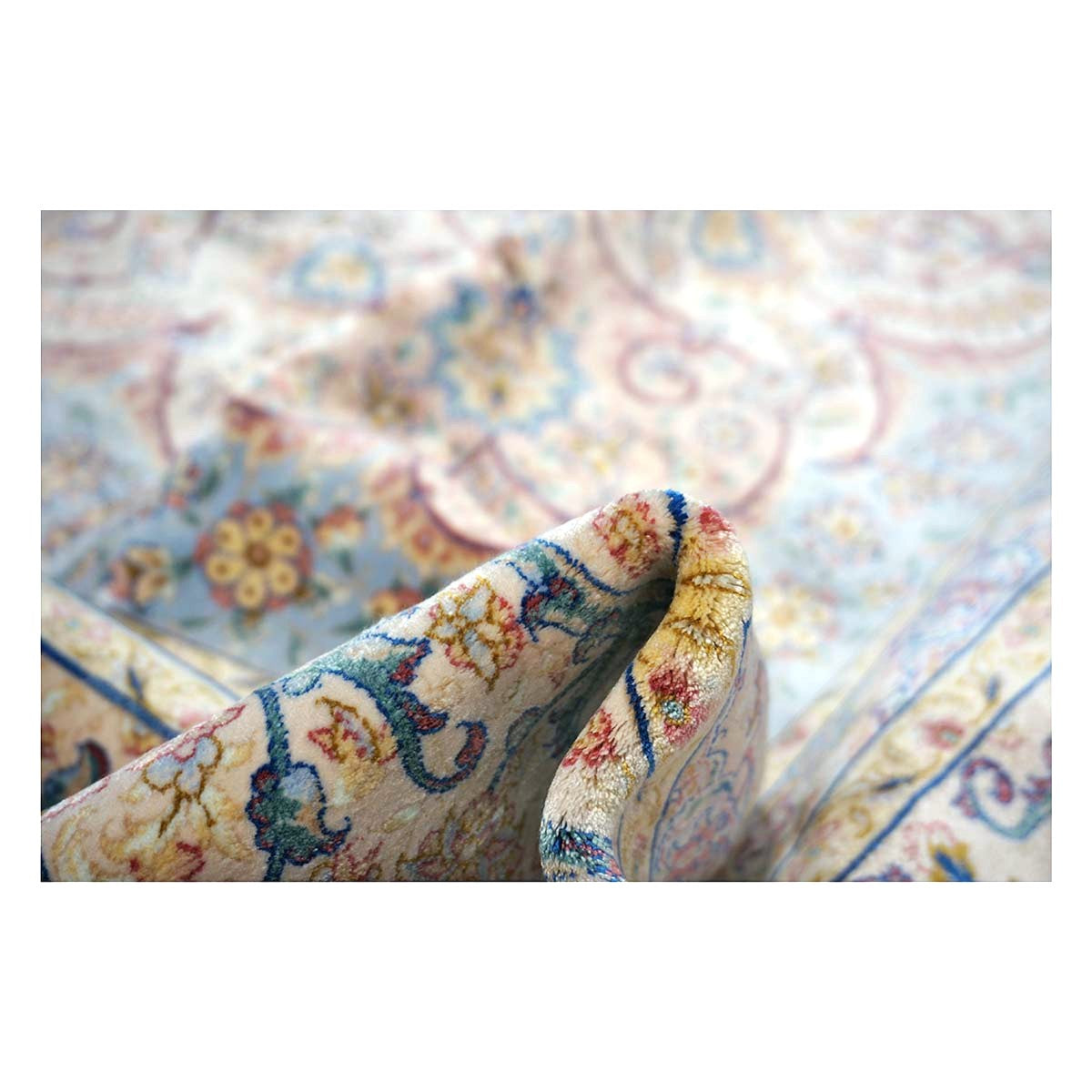 Persian Silky Qum 8x11 Ivory, Blue & Red Machine Made Area Rug #1143820