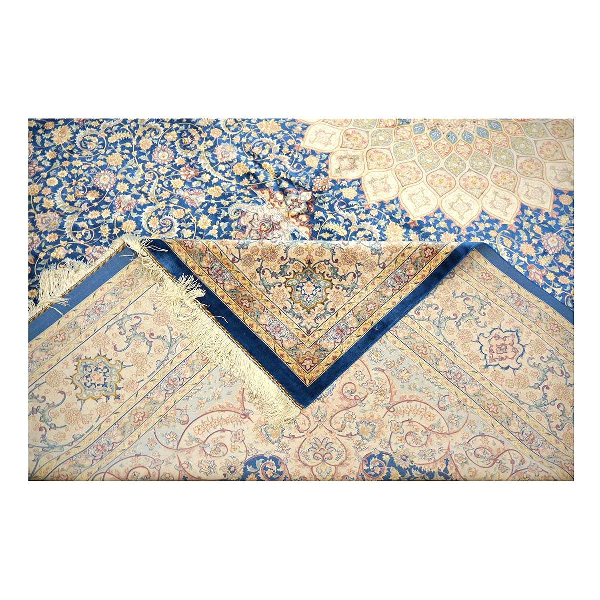Persian Silky Qum 8x11 Ivory, Blue & Red Machine Made Area Rug #1143820