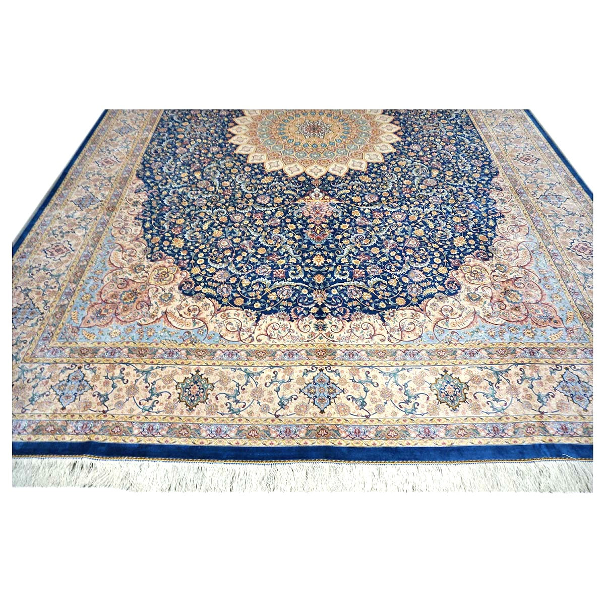 Persian Silky Qum 8x11 Ivory, Blue & Red Machine Made Area Rug #1143820