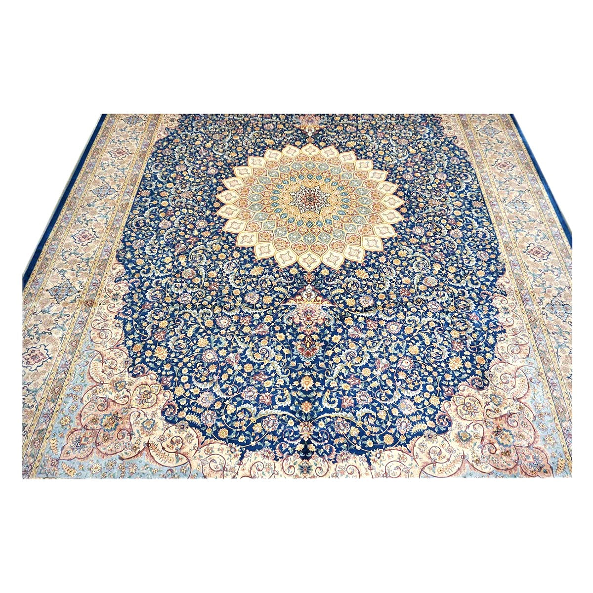Persian Silky Qum 8x11 Ivory, Blue & Red Machine Made Area Rug #1143820