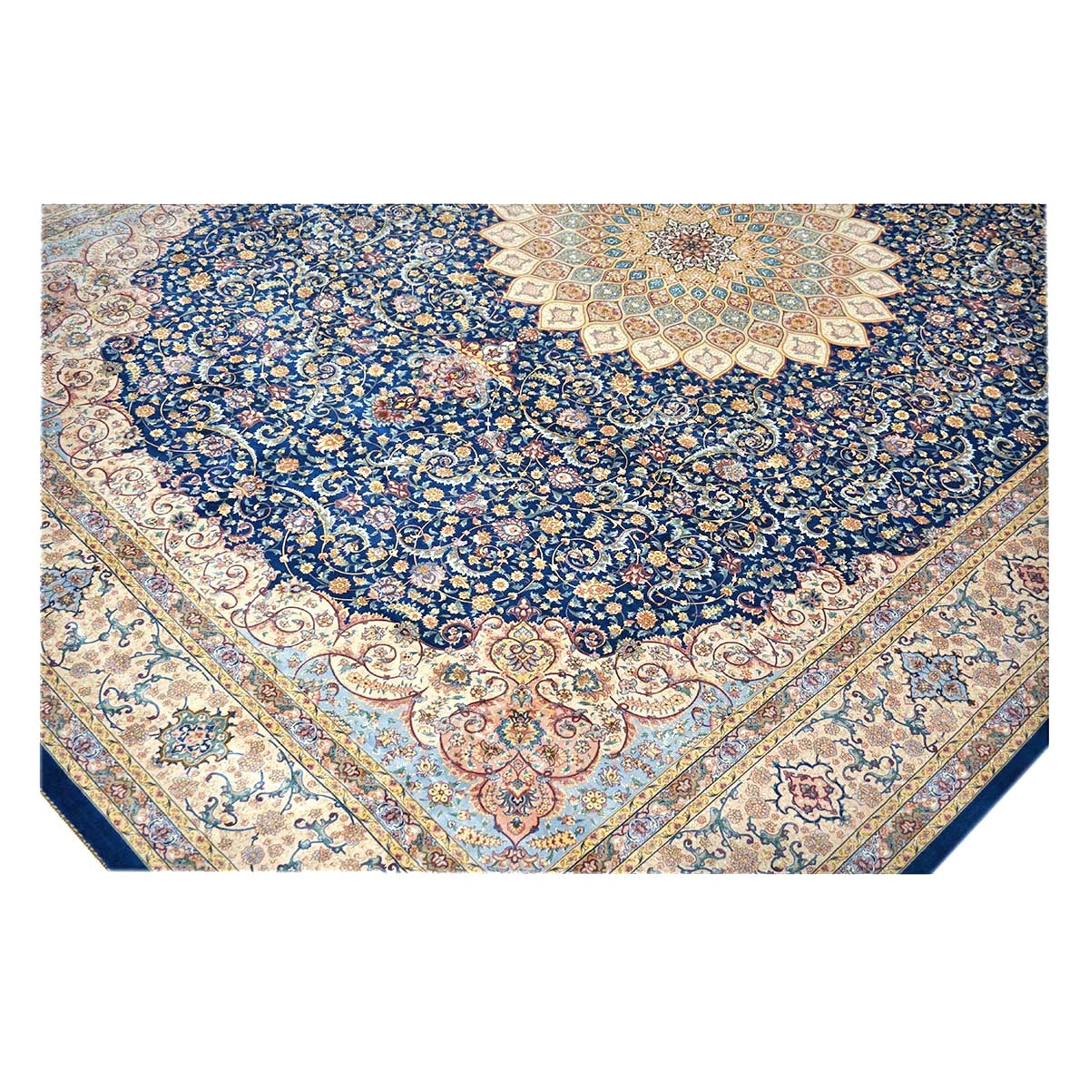 Persian Silky Qum 8x11 Ivory, Blue & Red Machine Made Area Rug #1143820