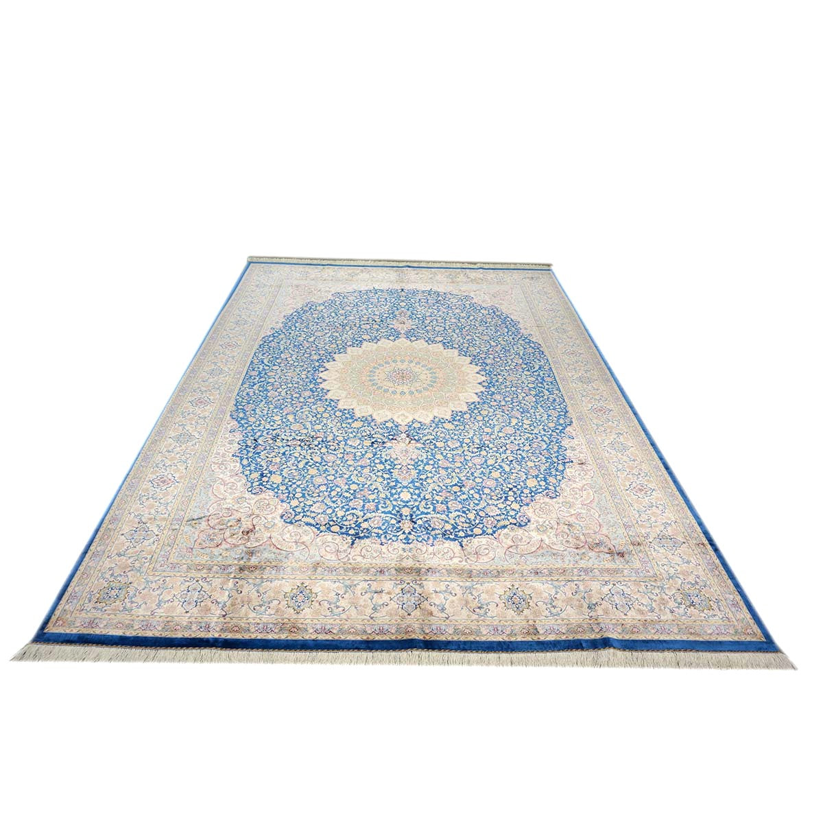 Persian Silky Qum 8x11 Ivory, Blue & Red Machine Made Area Rug #1143820