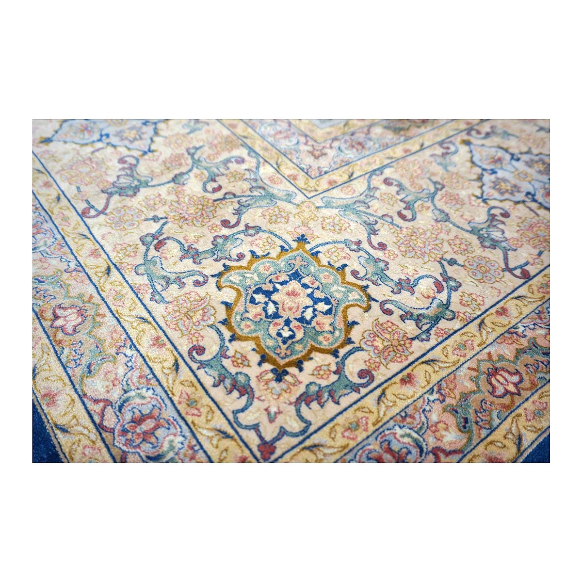 Persian Silky Qum 8x11 Ivory, Blue & Red Machine Made Area Rug #1143820