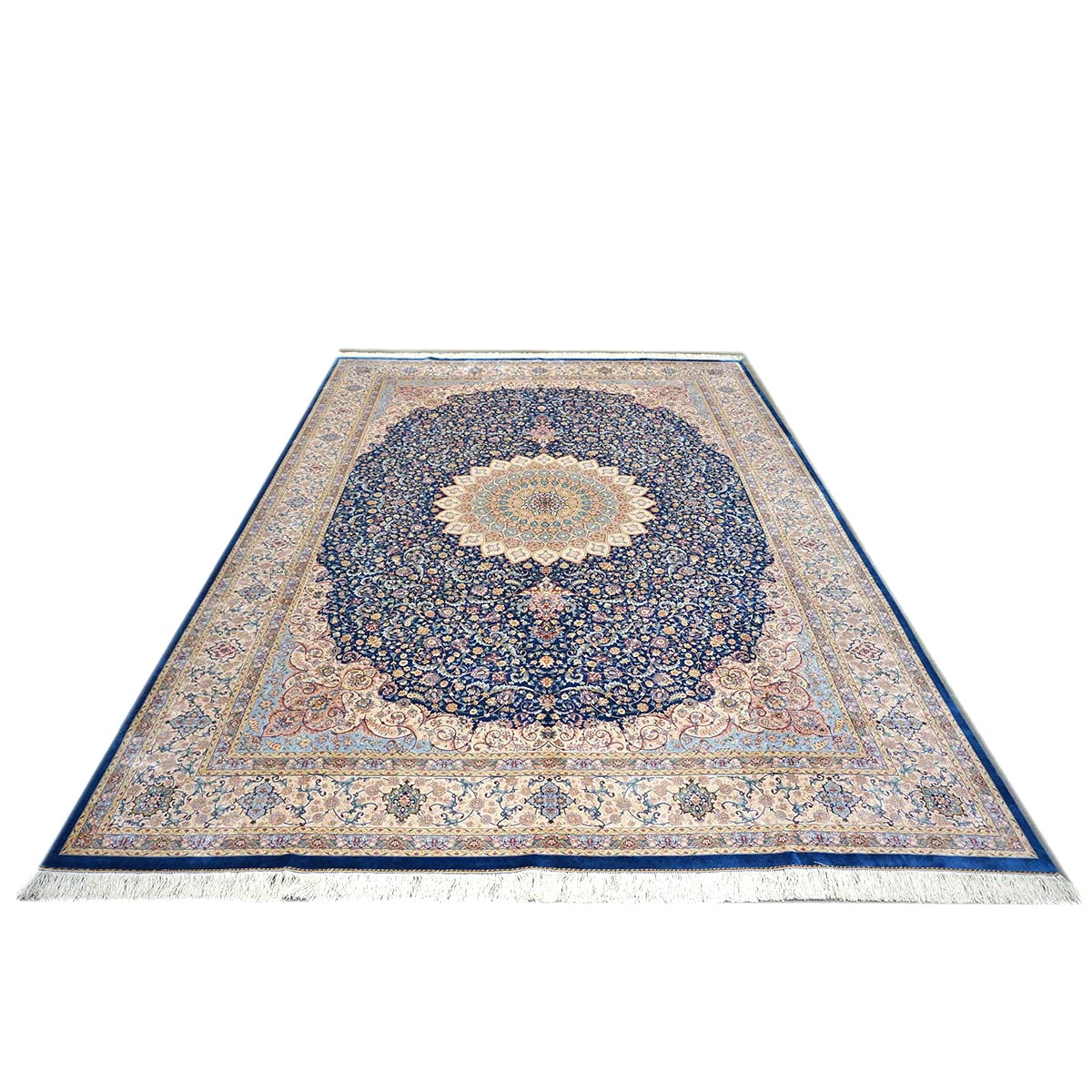 Persian Silky Qum 8x11 Ivory, Blue & Red Machine Made Area Rug #1143820