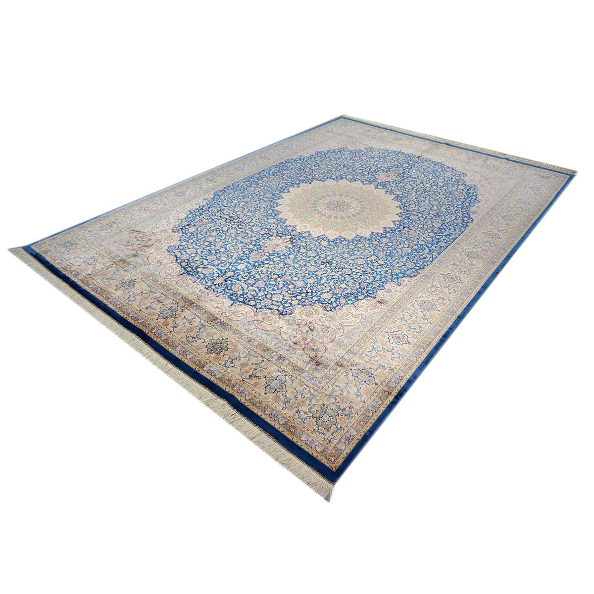 Persian Silky Qum 8x11 Ivory, Blue & Red Machine Made Area Rug #1143820