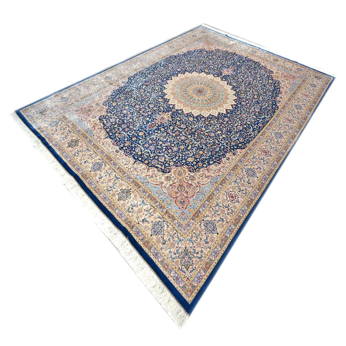 Persian Silky Qum 8x11 Ivory, Blue & Red Machine Made Area Rug #1143820