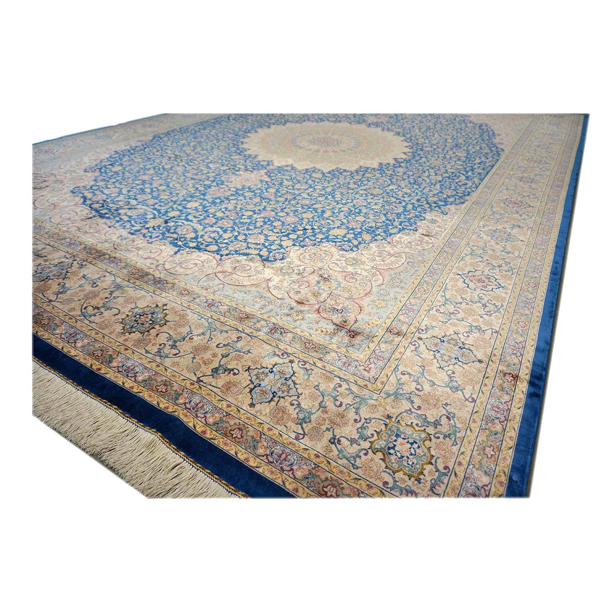Persian Silky Qum 8x11 Ivory, Blue & Red Machine Made Area Rug #1143820