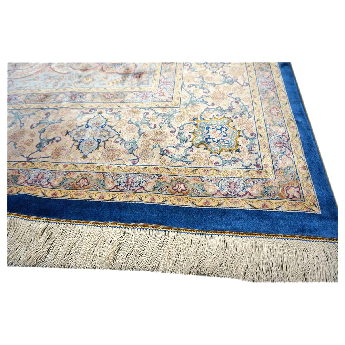 Persian Silky Qum 8x11 Ivory, Blue & Red Machine Made Area Rug #1143820