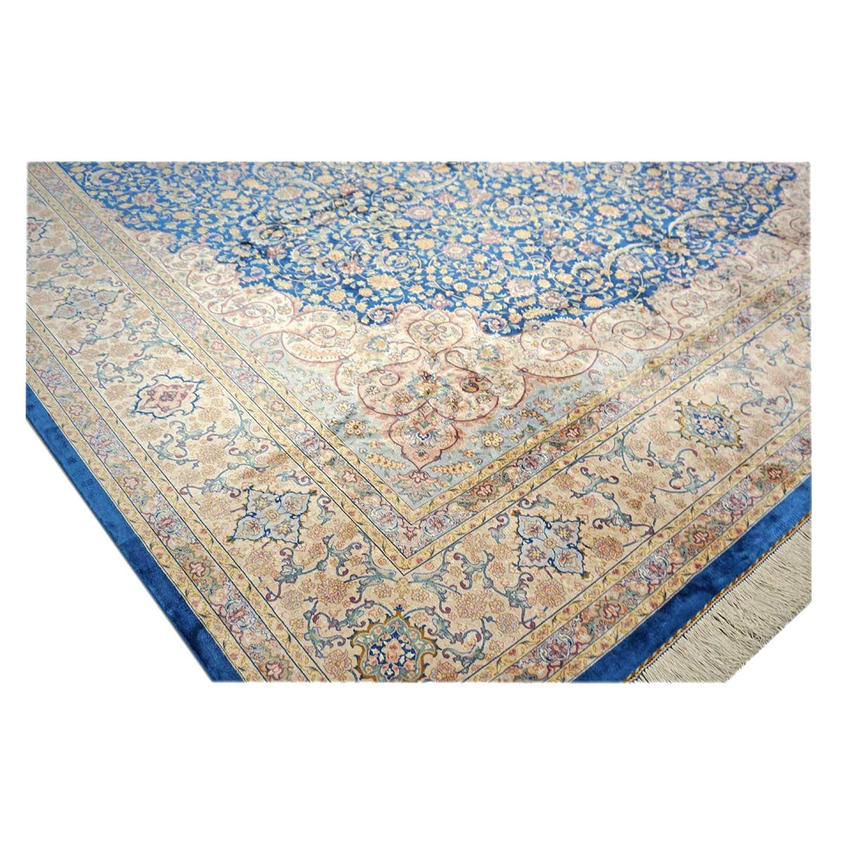 Persian Silky Qum 8x11 Ivory, Blue & Red Machine Made Area Rug #1143820