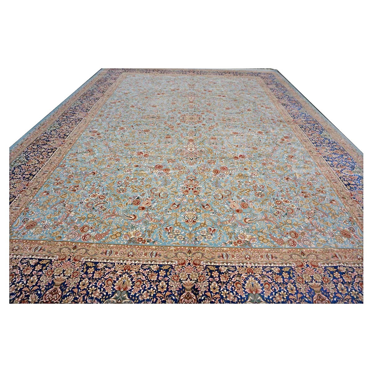 Persian Silky Qum 8x11 Ivory, Light Grean & Blue Handmade Area Rug # 1143822