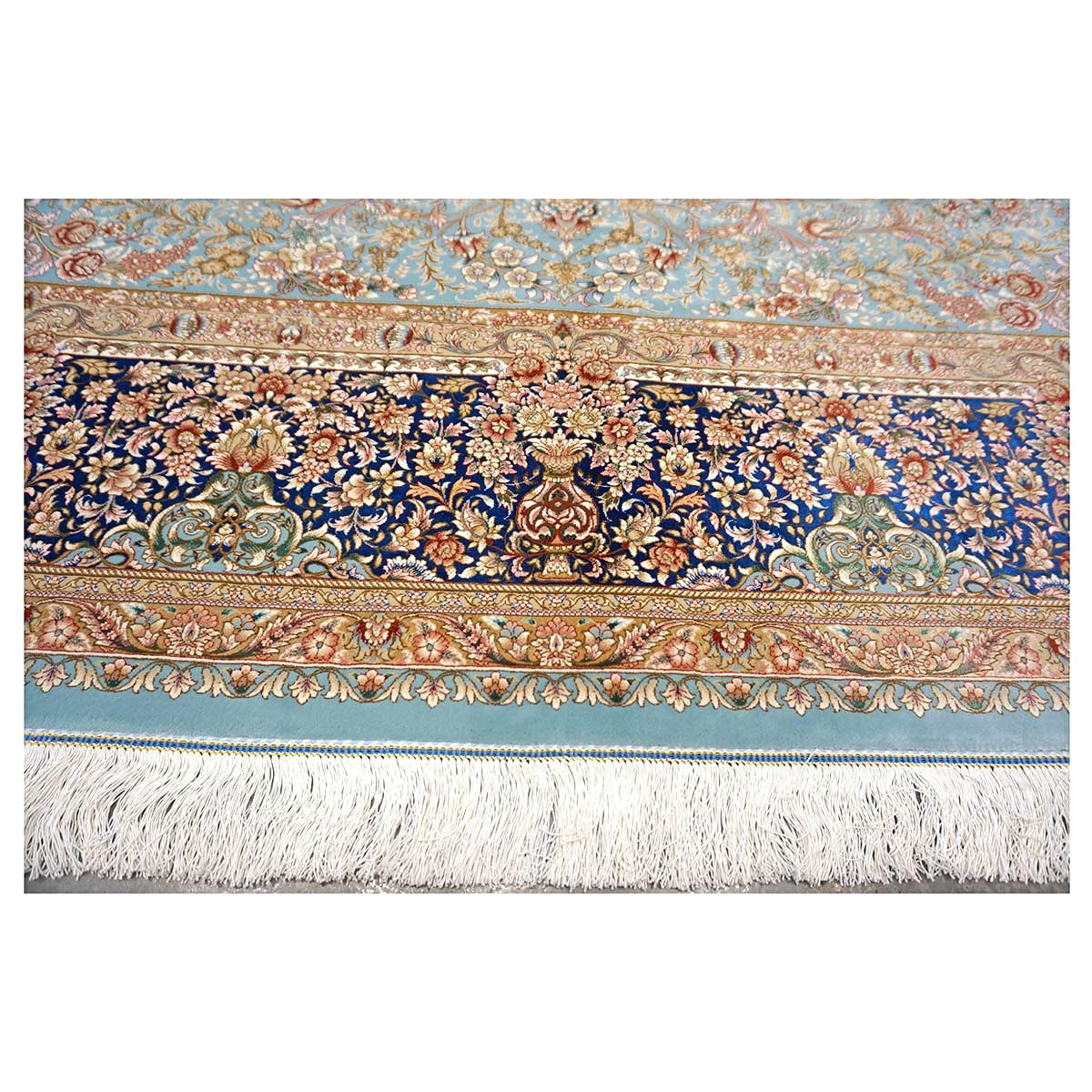 Persian Silky Qum 8x11 Ivory, Light Grean & Blue Handmade Area Rug # 1143822