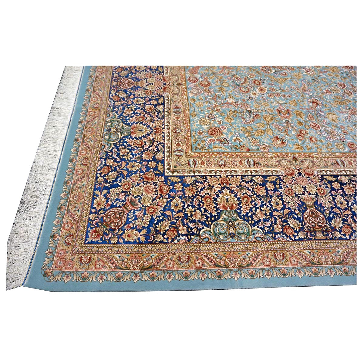 Persian Silky Qum 8x11 Ivory, Light Grean & Blue Handmade Area Rug # 1143822