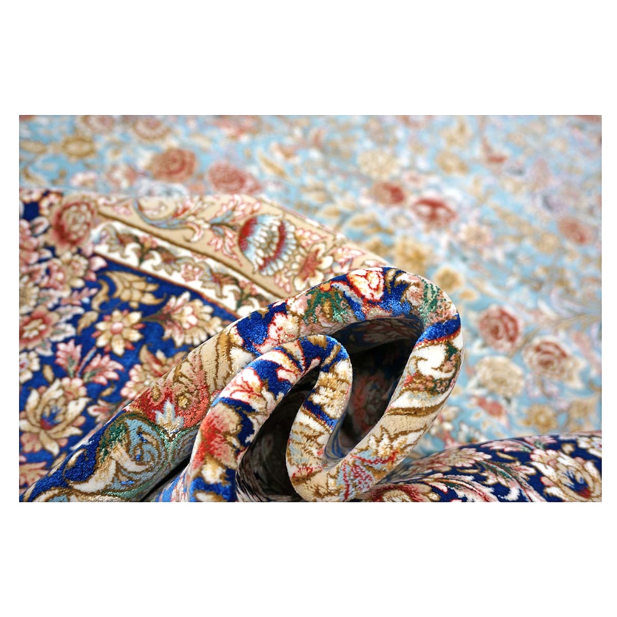 Persian Silky Qum 8x11 Ivory, Light Grean & Blue Handmade Area Rug # 1143822