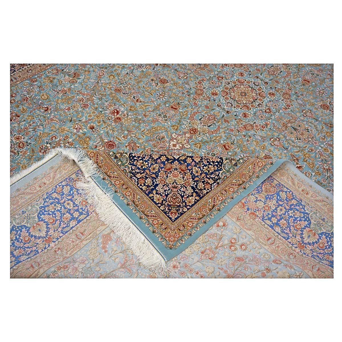 Persian Silky Qum 8x11 Ivory, Light Grean & Blue Handmade Area Rug # 1143822