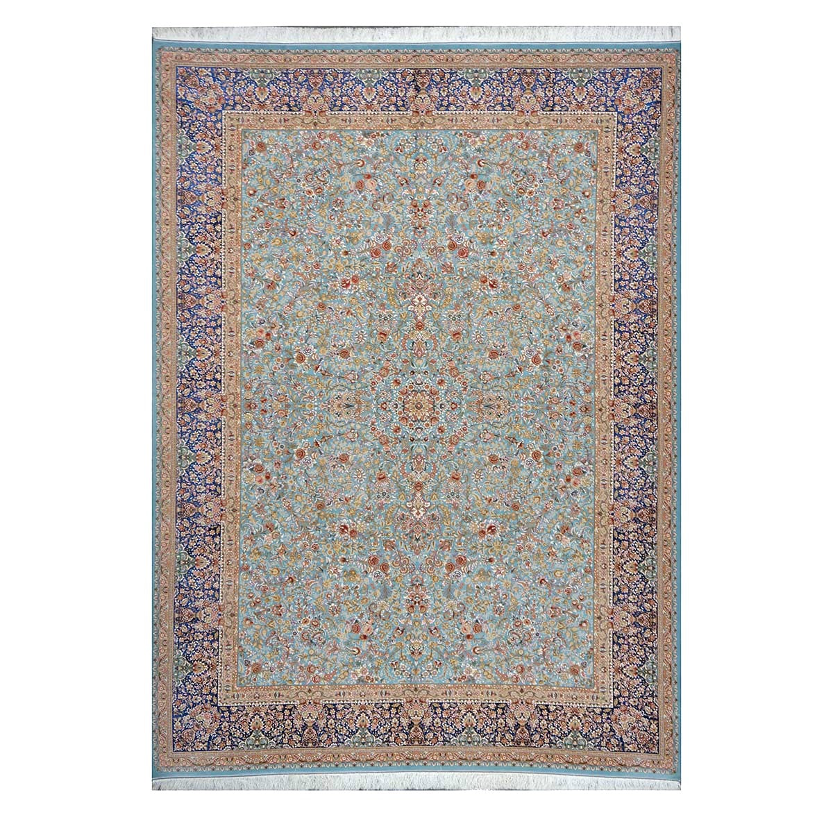 Persian Silky Qum 8x11 Ivory, Light Grean & Blue Handmade Area Rug # 1143822