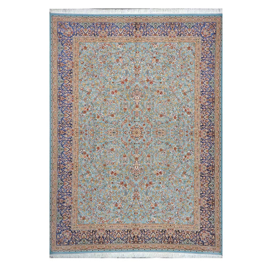 Persian Silky Qum 8x11 Ivory, Light Grean & Blue Handmade Area Rug # 1143822