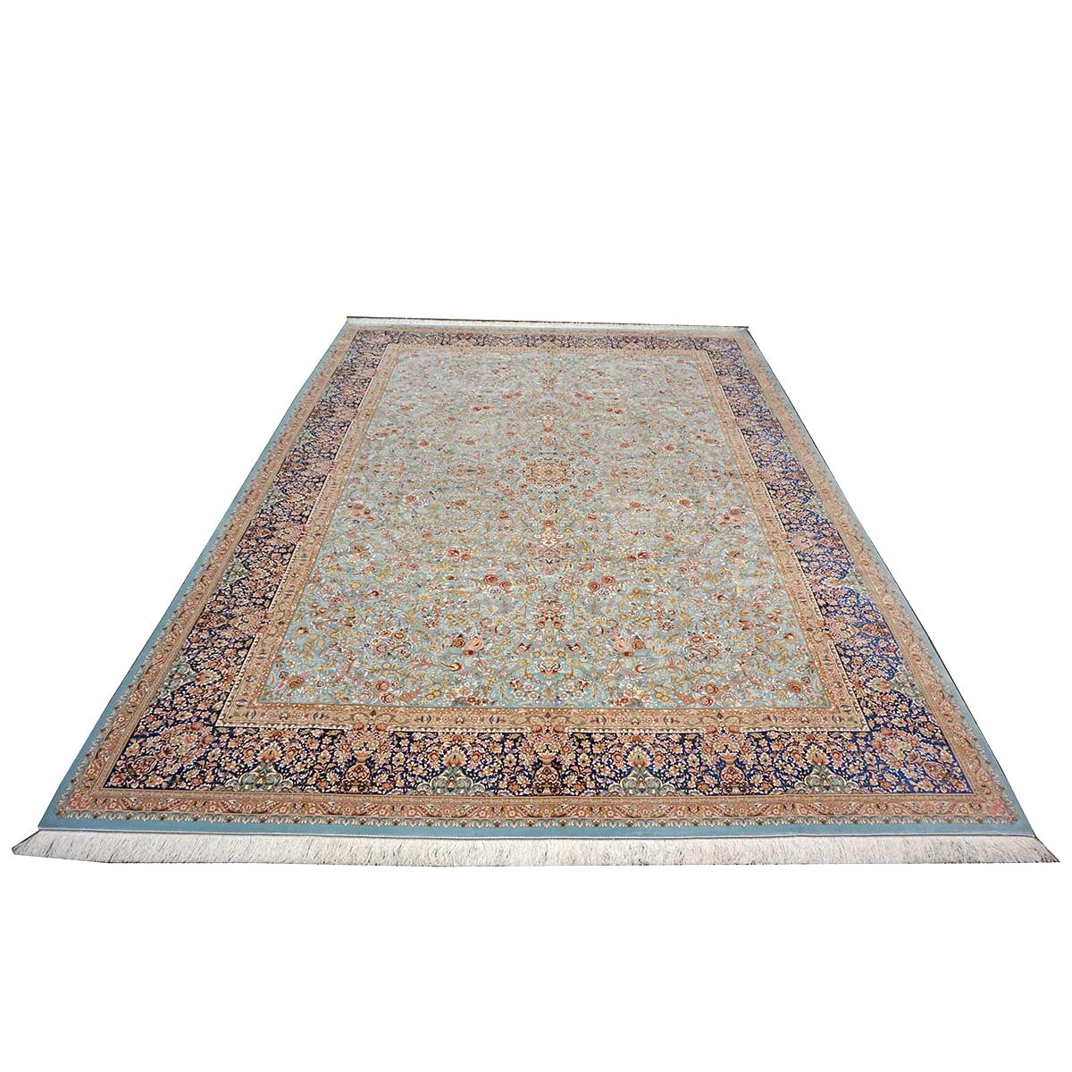 Persian Silky Qum 8x11 Ivory, Light Grean & Blue Handmade Area Rug # 1143822