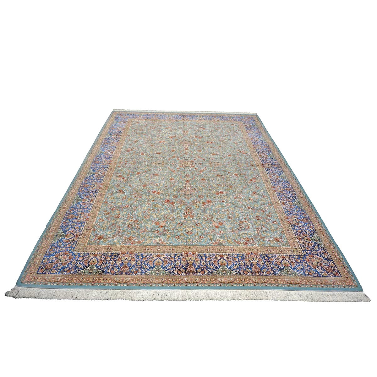 Persian Silky Qum 8x11 Ivory, Light Grean & Blue Handmade Area Rug # 1143822