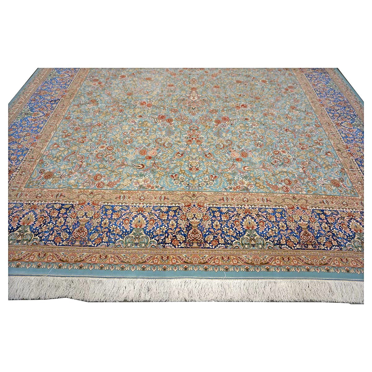 Persian Silky Qum 8x11 Ivory, Light Grean & Blue Handmade Area Rug # 1143822