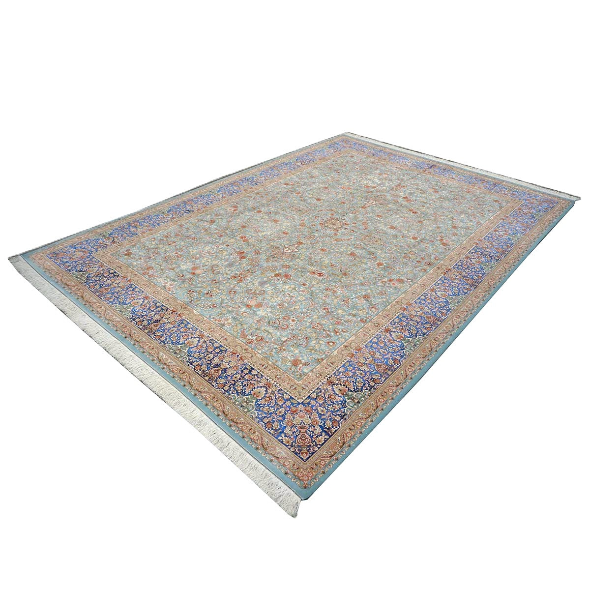 Persian Silky Qum 8x11 Ivory, Light Grean & Blue Handmade Area Rug # 1143822