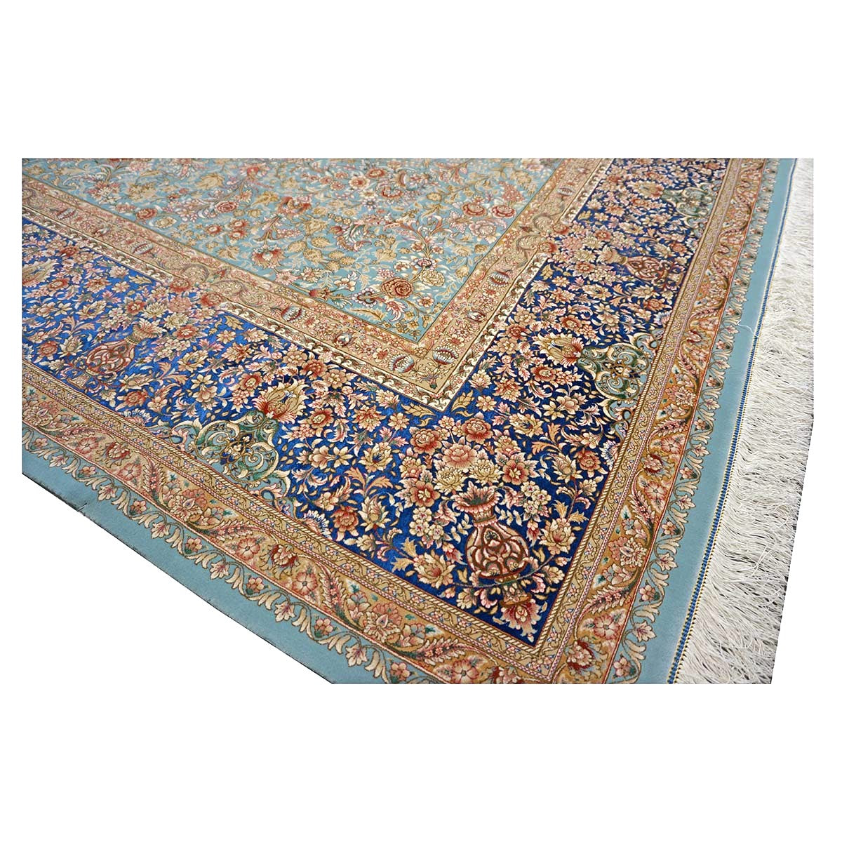 Persian Silky Qum 8x11 Ivory, Light Grean & Blue Handmade Area Rug # 1143822