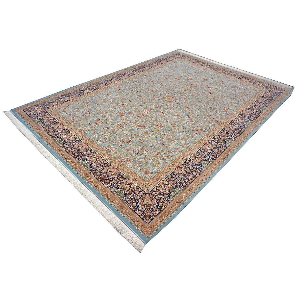 Persian Silky Qum 8x11 Ivory, Light Grean & Blue Handmade Area Rug # 1143822