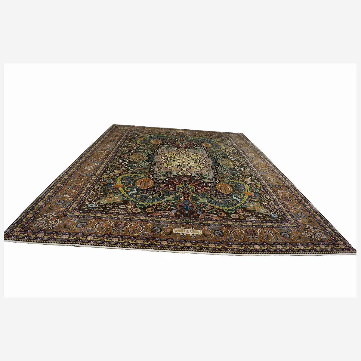 Antique Persian Tabriz Wool 9x11 Green, Ivory & Camel Handmade Area Rug #1143825