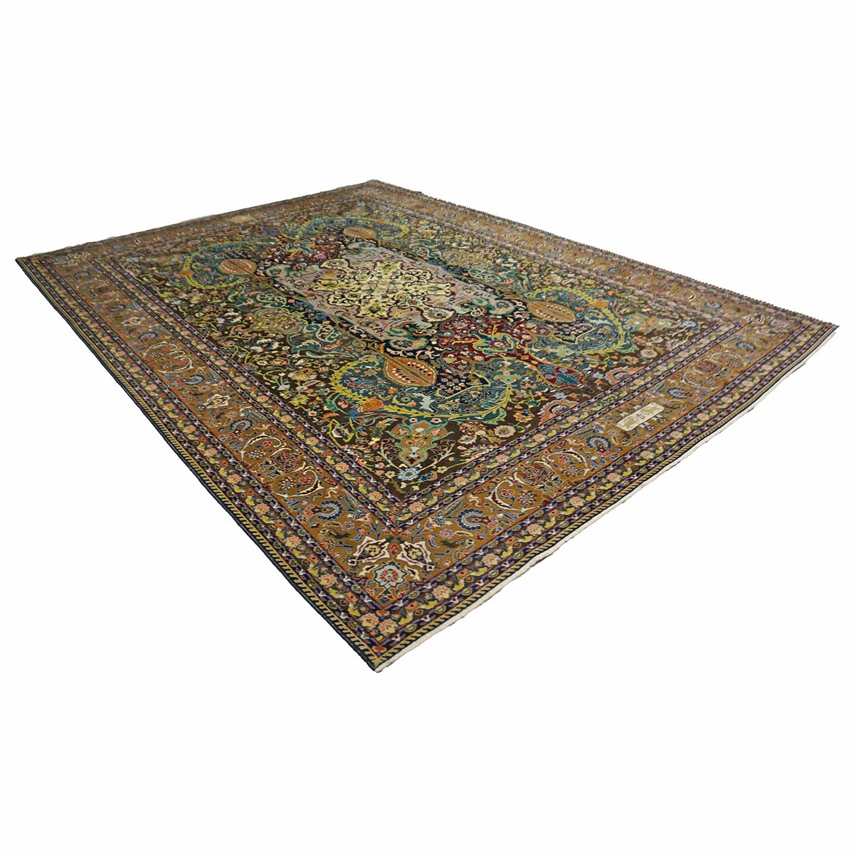 Antique Persian Tabriz Wool 9x11 Green, Ivory & Camel Handmade Area Rug #1143825