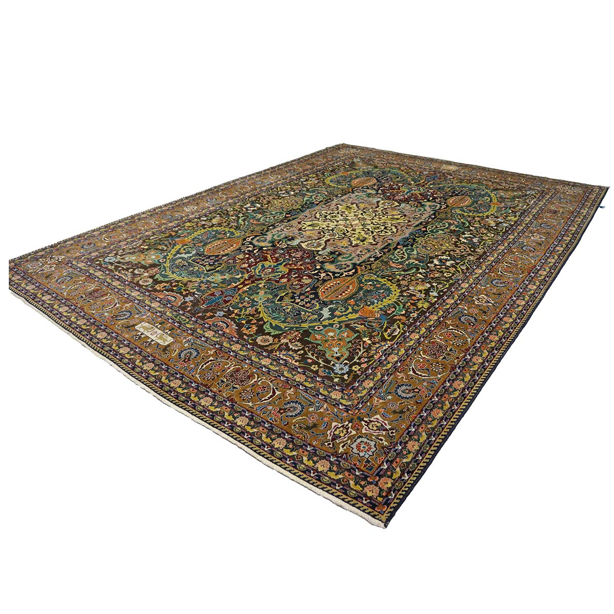 Antique Persian Tabriz Wool 9x11 Green, Ivory & Camel Handmade Area Rug #1143825